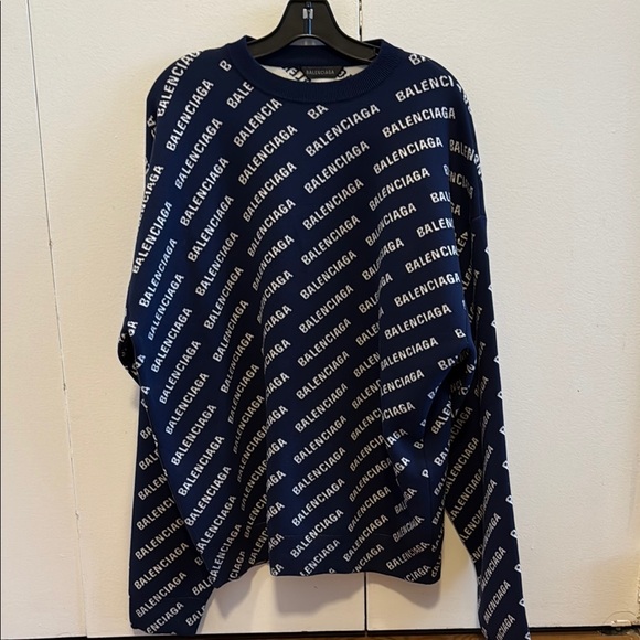 ❌SOLD❌ Balenciaga Mirror Mini Allover Logo Knit Jacquard Sweater Blue, NWT - Picture 2 of 5